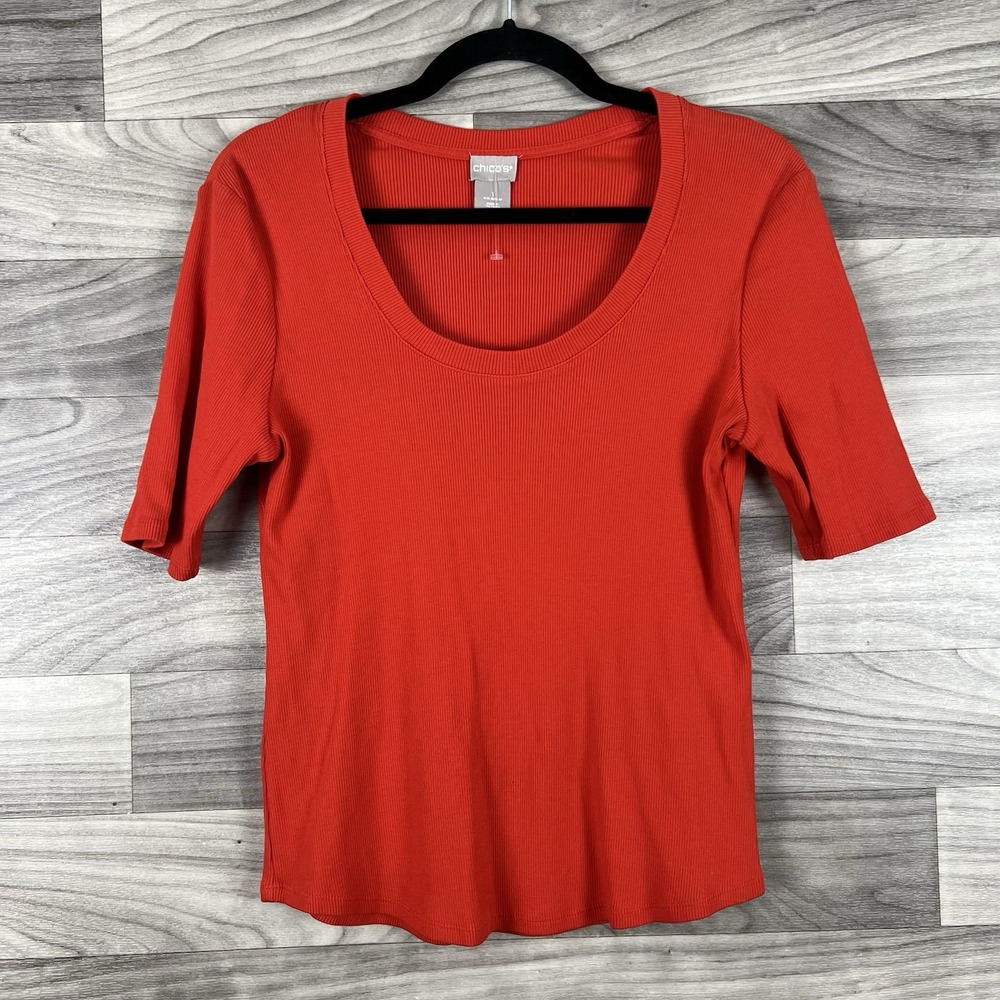 Chicos T-Shirt Top Womens 1 (M) Orange Ribbed Stretch Pullover Short Sleeve Boho